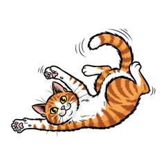 Joyful Cat Playtime: An illustrated orange tabby cat rolls and frolics, filled with playful energy and delight, showcasing the cheerful spirit of a feline friend. 