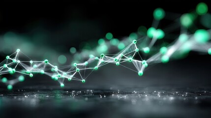 Futuristic Glowing Green Molecular Structure with Dark Background and Reflective Surface