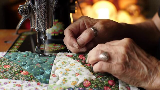 Close up of hands sewing a colorful quilt on an antique sewing machine indoors