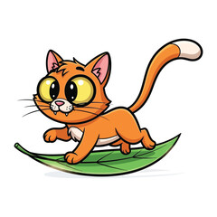 Playful Cat Adventure: A cartoon cat joyfully glides on a vibrant green leaf, embodying a spirit of adventure and boundless energy.