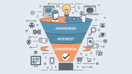 Digital marketing funnel infographic with awareness interest and conversion