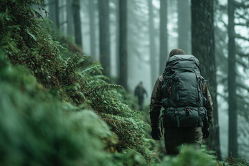 Adult man hiking in misty forest with backpack in rainy weather