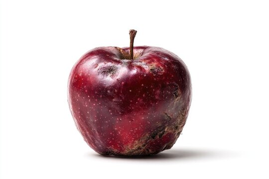 A single, slightly decayed, deep-red apple, isolated on a white background.  Its skin shows signs of deterioration with patches of discoloration and decay.  Stem attached - Powered by Adobe