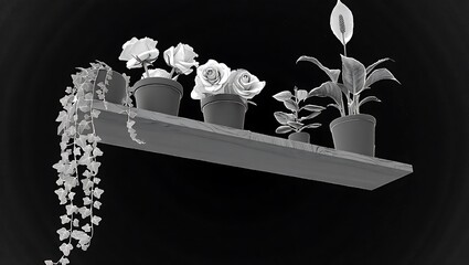 Hanging plants and flowers on a shelf against a dark background