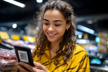 A Young Woman With Curly Hair Smiles While Using Her Smartphone for Meal Planning in a Grocery Store, Focusing on Healthy Eating and Nutrition