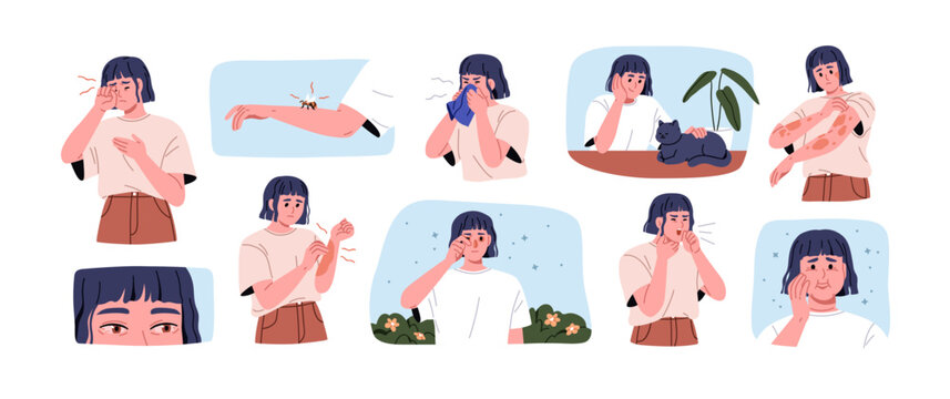 Allergy symptoms set. Allergic disease reactions. Rash, itch on skin, sneeze, cough, edema, sick eyes from allergens, pollen, insect bite, cat. Flat vector illustration isolated on white background.