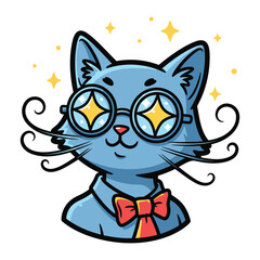Mystical Cat Character Illustration: A charismatic cartoon cat is decked out with circular glasses, expressive eyes and a cute bowtie, set against an isolated backdrop.