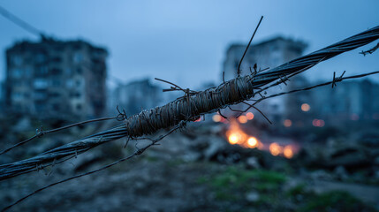 Ripped electric pole stands among debris in a desolate urban landscape at dusk