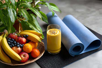 Healthy Eating and Dieting: Fresh Fruits, Smoothie, and Yoga Mats for a Balanced Lifestyle Focused on Wellness and Nourishment