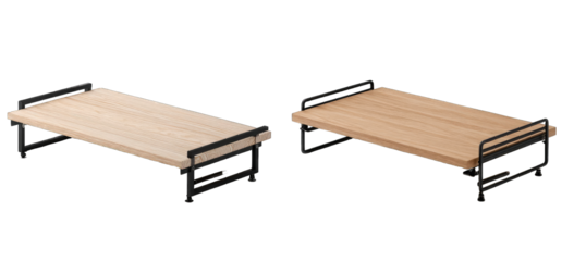 Two light beige wooden trays with black metal frames