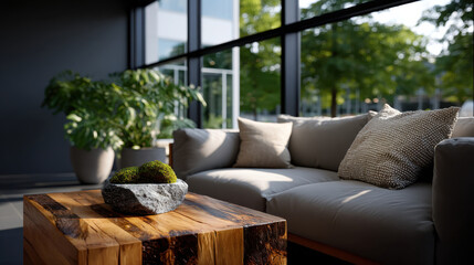 This stylish living room features an elegant couch paired with a rough-hewn coffee table and vibrant plants, illuminated by natural light for a warm and inviting ambiance.