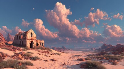 Desert landscape with ancient castle remains high resolution image