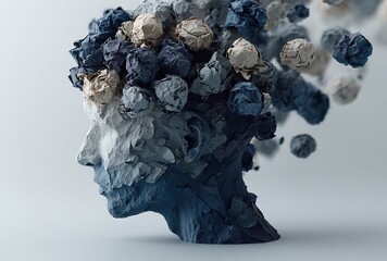 Abstract Dark Blue Gray Clay Head with Floating Balls Representing Brain or Mind, Surreal Creative Concept Digital Art on White Background