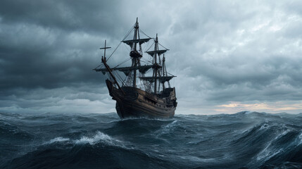 Fototapeta premium Stormy ocean with a pirate ship battling fierce waves under dark clouds
