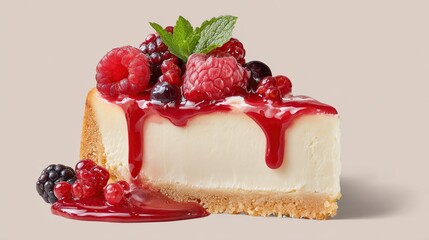 Cheesecake slice topped with berries, sauce, and mint on a neutral surface