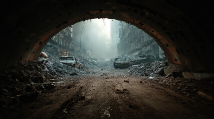 Obraz premium Exploring a deserted underground area filled with debris and abandoned vehicles in a post-disaster cityscape