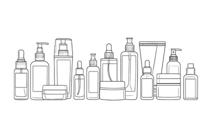 Line drawing of various cosmetic containers