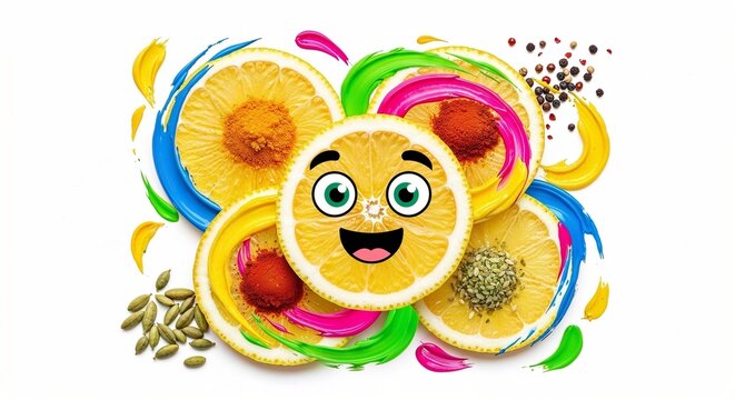 Funny orange slices with cartoon face in colorful style, bright fruit illustration in yellow green pink blue colors, healthy food and kids concept