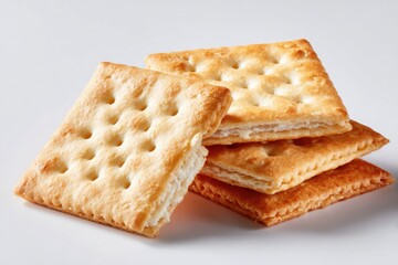 Stacked crackers with a light filling.  Golden-brown, square crackers,  