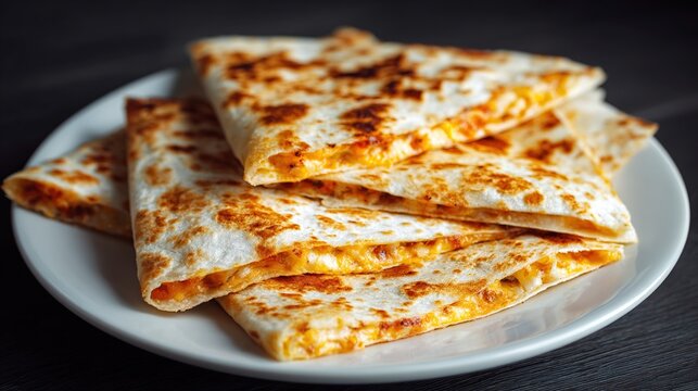 Stack of golden, grilled quesadilla triangles on a white plate against dark wood