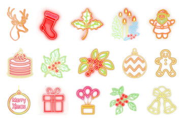 PNG Festive neon Christmas icons, element set on transparent background