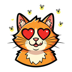 Cute cat love and fly: Adorable ginger cat with hearts in the eyes surrounded by magical fireflies. Capturing the magic of love and enchantment. 