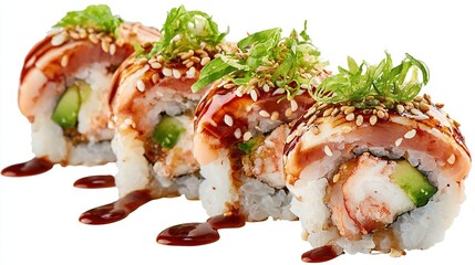 Four sushi rolls topped with fish, greens, seeds, and sauce