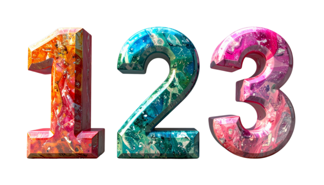 Colorful three-dimensional numbers on a white background set as an alphabet and math illustration design 1,2,3.