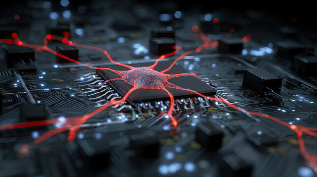 Red Neural Network AI Chip on a Dark Electronic Circuit Board