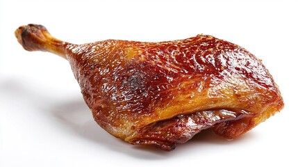 Single roasted duck leg quarter with crispy skin on a white background