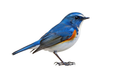 Isolated American Redstart bird with bright blue plumage and orange patch standing up