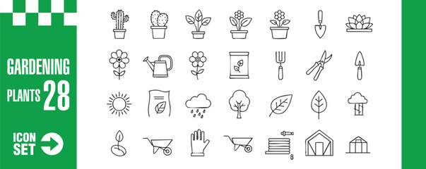 Gardening icon set collection of 28 different gardening and plants related icons in outline style vector illustration of flower, tool, and equipment