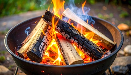 A close-up view of a vibrant campfire burning brightly in a round metal fire pit, showcasing the interplay of flames, wood, and embers.