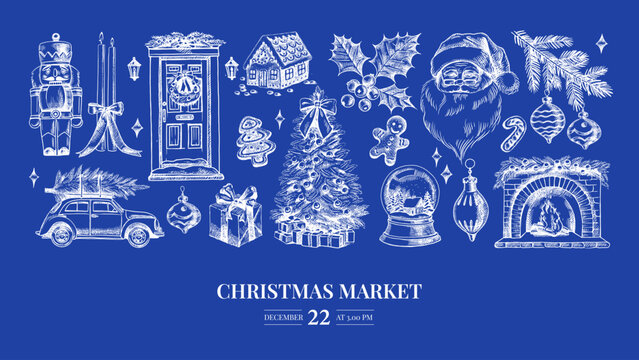 Christmas invitation card with hand drawn holiday elements. Festive mood, elegant vintage design. Vector sketch illustration.