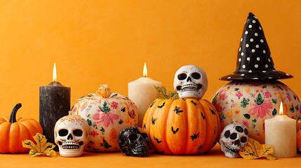 Fototapeta premium Cheerful spooky pumpkins with skulls, candles, witch hat on orange
