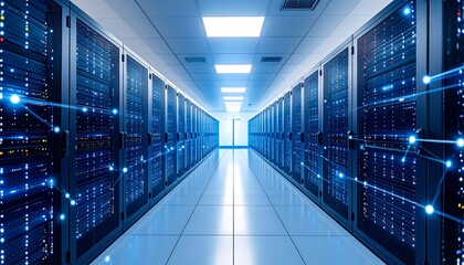 Server room interior, futuristic, with glowing connections