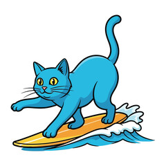 Surfing Cat: A whimsical illustration captures a vibrant, blue cat surfing gracefully atop a wave. the sun, the board, and the dynamic energy of this feline's adventurous spirit!