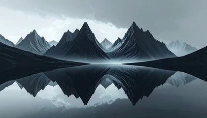 Keuken achterwand Reflectie A serene landscape of dark mountains reflected in a still lake, bathed in a muted gray and blue light.  © Fatih