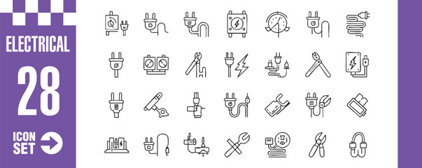 Electrical icon set a collection of 28 electrical related icons, including plugs, sockets, wires, and other electrical components, all in a simple line art style