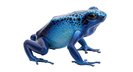 Isolated poison dart frog with bright blue skin and black spots in studio lighting, animalia