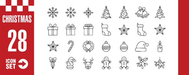 Christmas icon set a collection of 28 christmasthemed icons, including snowflakes, christmas trees, gifts, stockings, stars, and other festive elements in line art