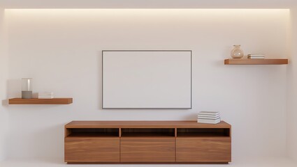 Modern minimalist living room with wooden media console and wall shelves