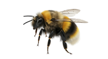 Isolated bumble bee close up in high detail showing yellow, black, and grey color fur