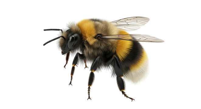 Isolated bumble bee close up in high detail showing yellow, black, and grey color fur