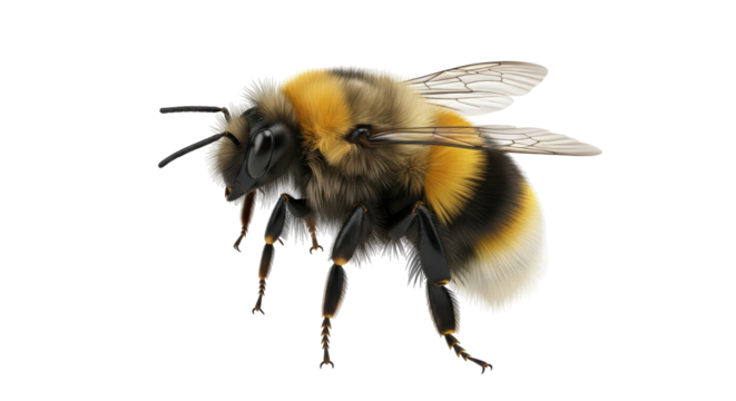 Isolated bumble bee close up in high detail showing yellow, black, and grey color fur