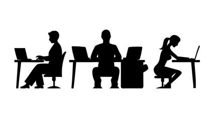 Silhouettes of three people working on laptops at desks in an office environment setting shown here