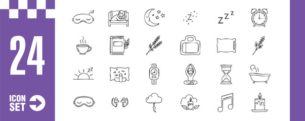 Collection of 24 sleep and rest icons set includes bed, pillow, alarm clock, eye mask, and other sleeprelated symbols in a simple and modern style