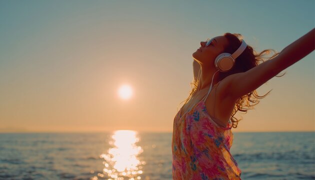 Carefree woman enjoying music with headphones by the sea at sunset