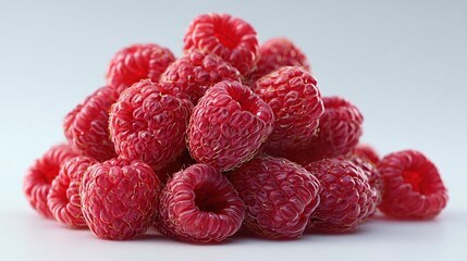 A pile of ripe, red raspberries on a light background