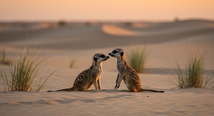 Two Meerkats Nuzzle in a Desert Dune at Sunset